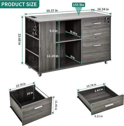 YITAHOME 3 Drawer File Cabinet with Charging Station, Home Office Furniture, Grey