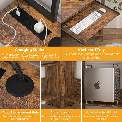 Cyclysio Small Corner Desk with Hutch, Heavy Duty Corner Computer Desk with Power Outlets & LED Light, Triangle Corner Gaming Desk with Keyboard Tray for Home Office, Small Space, Workstation Brown