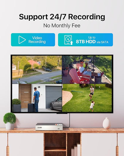 ZOSI 3K Lite 8CH Home Security Camera System Outdoor,8Channel H.265+ CCTV DVR,8pcs 1080p Weatherproof Surveillance Bullet Dome Cameras,Night Vision,AI Human/Vehicle Detection,Remote Access(No HDD)