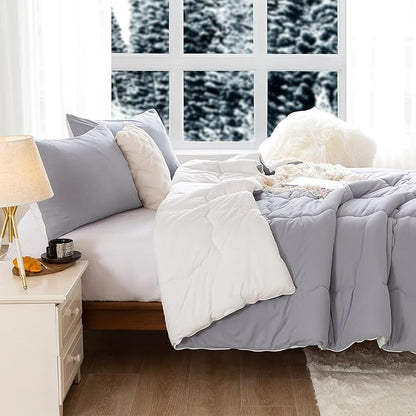 COTTEBED Grey White Warm Reversible Comforter Sets King Size Bed, Winter Milk Cup Super Soft Breathable Fluffy 1 Bedding Down Alternative Comrter & 2 Pillowcase California Cal/King