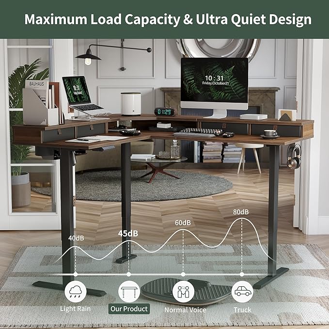FEZIBO 63" L Shaped Standing Desk with 4 Drawers, Electric Standing Gaming Desk Adjustable Height, Corner Stand up Desk with Splice Board, Black Frame/Black Walnut Top