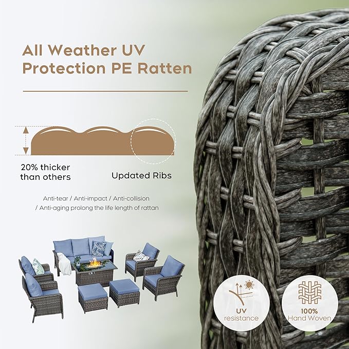Yechen Patio Conversation Set 9 Seats with 44" Propane Gas Fire Pit Table - 8 Pcs Outdoor Wicker Furniture Set with Lid & Wind Shields - Sectional Sofa Set for Porch,Backyard