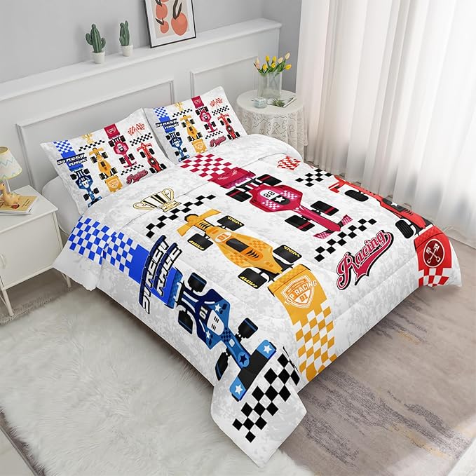 Axolotl Racing Car Comforter Set Twin Size,Colorful Sports Car Bedding Set for Kids Boys Teen Adult,Extreme Speed Race Bedding Sets Car Theme Bedroom Decor with 1 Comforter and 2 Pillowcases