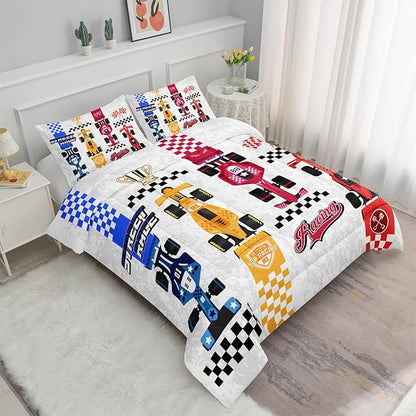 Axolotl Racing Car Comforter Set Twin Size,Colorful Sports Car Bedding Set for Kids Boys Teen Adult,Extreme Speed Race Bedding Sets Car Theme Bedroom Decor with 1 Comforter and 2 Pillowcases