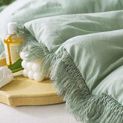 Andency Sage Green Tassel Comforter Set Full(79x90Inch), 3 Pieces(1 Fringe Comforter, 2 Pillowcases) Boho Farmhouse Shabby Chic , Microfiber Lightweight Bedding Set