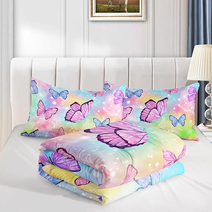 Datura home Bedding Comforter Set Rainbow Watercolor Printed Pattern Quilt Bedding Set with 1 Comforter and 2 Pillowcases for Girls Bedroom All Season(Butterfly Watercolor Twin)