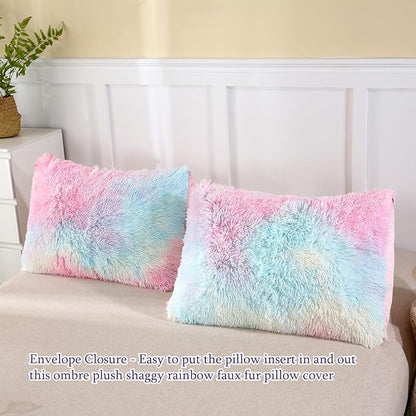 WINLIFE Shaggy Faux Fur Comforter Set Flannel Fuzzy Bedding Set Long Hair Fluffy Plush Comforter Sets Gradient Ombre Tie Dye MultiColor Bedding for Girls Women (3Pcs, Queen, Rainbow)
