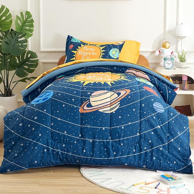 SLEEP ZONE 5 Pieces Bedding Super Soft Comforther Set, Soft Lightweight Bed in a Bag, Durable Children Bed Set, Easy Care, All Season (Solar System, Twin)