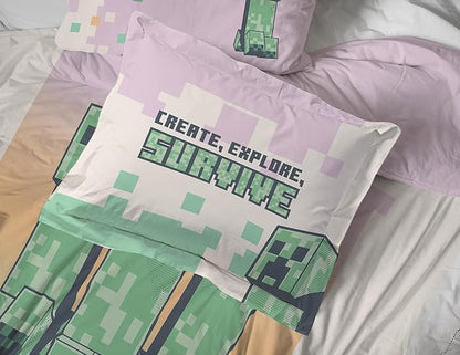 Minecraft Creeper Full Comforter Set - 7 Piece Bedding includes Sheet Set & Pillow Covers - Super Soft Pink & Green Kids Bedding