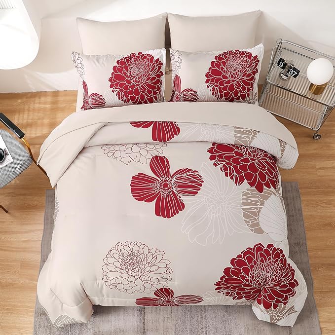 Yiran 7 Pieces King Comforter Set Red Floral Bed in a Bag Soft Microfiber Bedding Set 103"×90"(1 Comforter 1 Flat Sheet 1 Fitted Sheet 2 Pillowshams 2 Pillowcases)