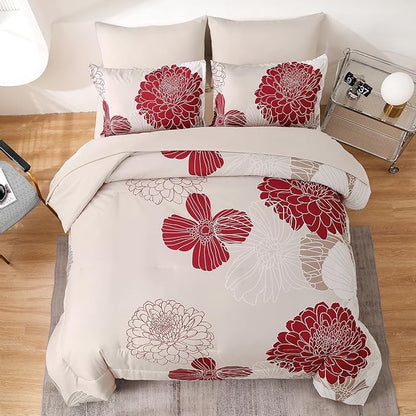 Yiran 7 Pieces King Comforter Set Red Floral Bed in a Bag Soft Microfiber Bedding Set 103"×90"(1 Comforter 1 Flat Sheet 1 Fitted Sheet 2 Pillowshams 2 Pillowcases)