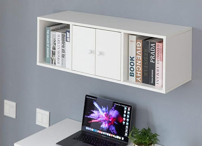 Wall Mounted Office Computer Desk and Floating Hutch Cabinet, White