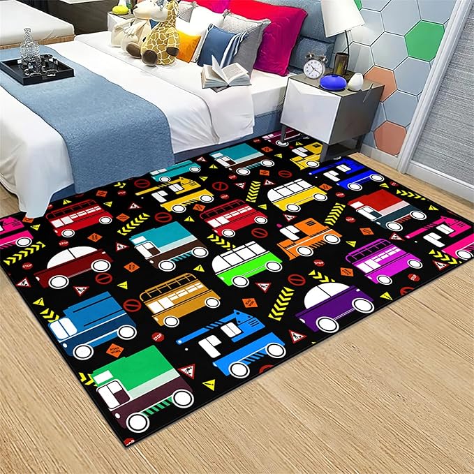 Car Play Mat Kids Rugs for Playroom Car Track Rug Kids Mat Construction Play Mat Car Play Rug Car Carpet for Kids Carpet for Bedroom Truck Rugs for Boys Room,Black 5'×7'