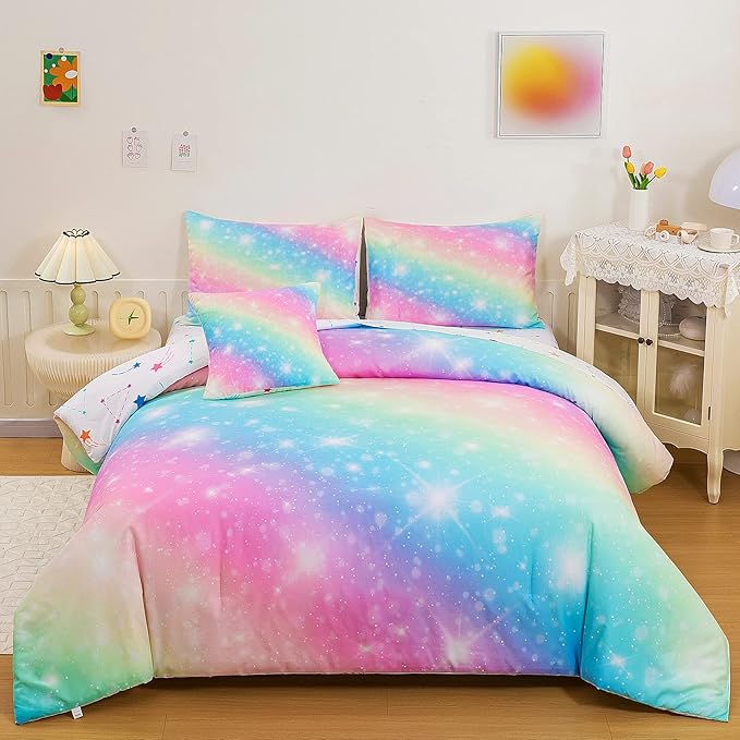 6 Pcs Bed in A Bag Glitter Galaxy Comforter Set Twin Size, Ombre Pink Rainbow Bedding Sets with Sheets for Girls