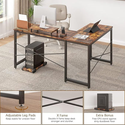 Computer Desk, L Shaped Desk with Large Desktop, Corner Desk with Monitor Stand PC Laptop Table Computer Workstation for Home Office (Rustic Brown)