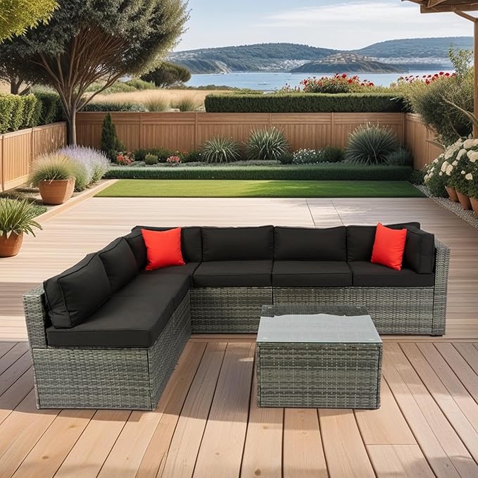 5-Pieces Patio Furniture Set with Coffee Table and 2 Pillows, PE Rattan Outdoor Conversation Sectional Sofa Seating Goup for Balcony Front Porch Backyard Law, Grey Wicker+Black Cushion