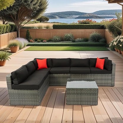 5-Pieces Patio Furniture Set with Coffee Table and 2 Pillows, PE Rattan Outdoor Conversation Sectional Sofa Seating Goup for Balcony Front Porch Backyard Law, Grey Wicker+Black Cushion
