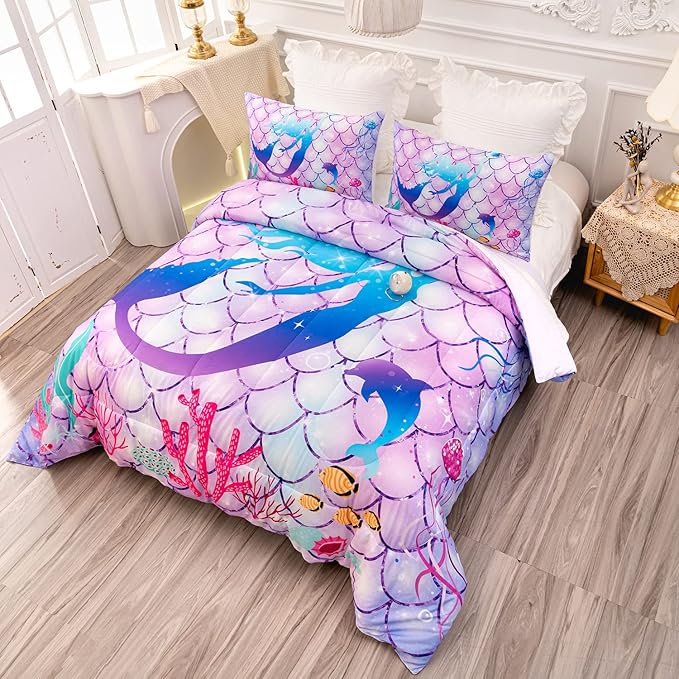 CVHOUSE Mermaid Comforter Set,Rainbow Mermaid Bedding Set for Girls Kids Teens,Rainbow Mermaid Comforter Mermaid Duvet Set Room Decor Quilt Set Full Size