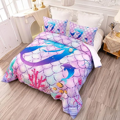 CVHOUSE Mermaid Comforter Set,Rainbow Mermaid Bedding Set for Girls Kids Teens,Rainbow Mermaid Comforter Mermaid Duvet Set Room Decor Quilt Set Full Size