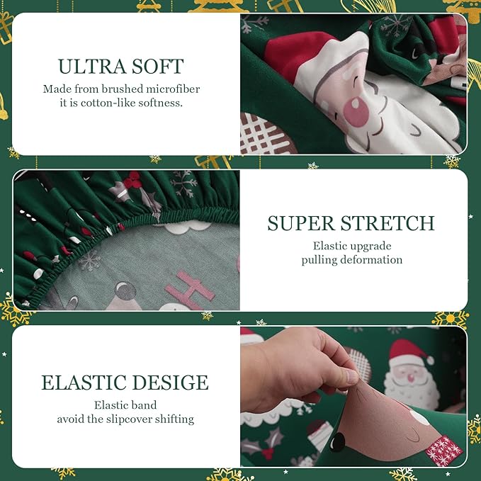 Mybedsoul Christmas Printed Sofa Cover Santa Claus Elastic Couch Cover Machine Washable Christmas Theme Red Sofa Slipcover for Living Room(3 Seater)