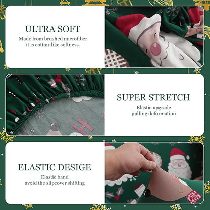 Mybedsoul Christmas Printed Sofa Cover Santa Claus Elastic Couch Cover Machine Washable Christmas Theme Red Sofa Slipcover for Living Room(3 Seater)