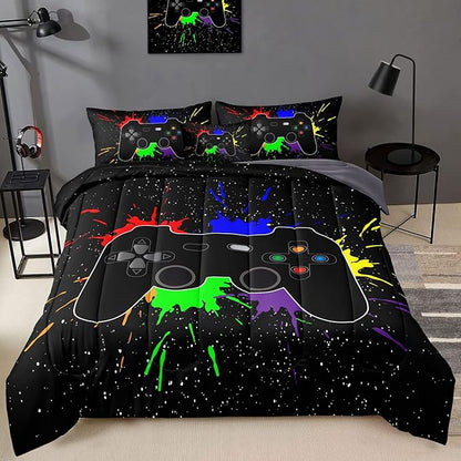 6 Pieces Gamer Comforter Set for Boys Gaming Bedding Set Full Size,Video Game Controller Comforter for Boys Kids Adult 3D Gamepad Microfiber Bedding Sets 6 Pieces Bed in A Bag Sets3001,Full