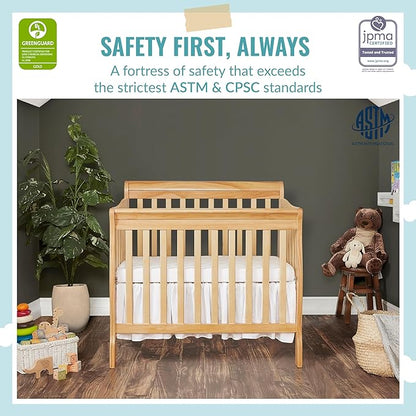 Aden 4-in-1 Convertible Mini Crib In Natural, Greenguard Gold Certified, Non-Toxic Finish, New Zealand Pinewood, With 3 Mattress Height Settings