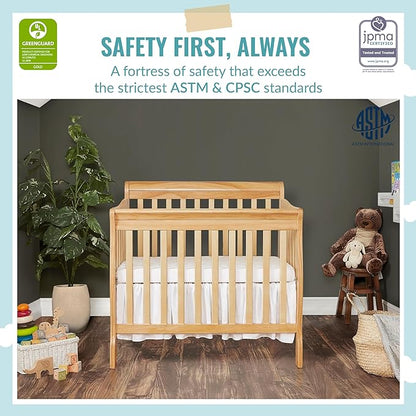 Aden 4-in-1 Convertible Mini Crib in Natural, Greenguard Gold Certified & Sunset 3” Extra Firm Fiber Crib Mattress, Greenguard Gold Certified, Waterproof Vinyl Cover