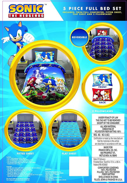 Franco Kids Bedding Super Soft Comforter and Sheet Set, 5 Piece Full Size, Sonic The Hedgehog, Anime