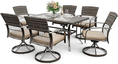 Pamapic 7 Piece Outdoor Dining Set, Rattan Outdoor Patio Furniture Set for Deck Backyard Garden with Iron Outdoor Dining Table, 6 Swivel Outdoor Dining Chairs and Removable Cushions (Beige)