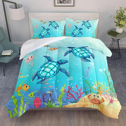 Turtle Comforter Set Queen Ocean Watercolor Sea Turtle Bedding Set Nautical Sea Animal Reptile Bed Set with 2 Pillowcases for Kids Room Decor