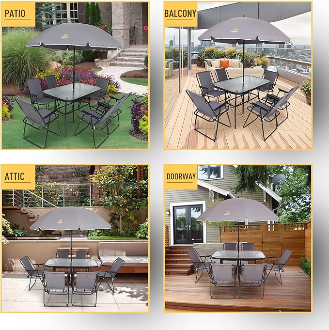 Nice C Outdoor Dining Sets, Patio Furniture Set, 8 Piece Set with Umbrella, Garden Outdoor Furniture Table Set with Tilted Removable Umbrella, Glass Table, and 6 Folding Chairs (Grey)