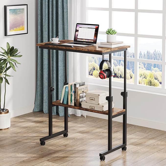 Small Portable Rolling Computer Desk Height Adjustable Standing Table, Brown