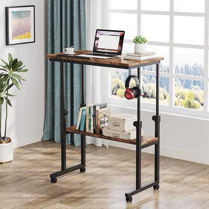 Small Portable Rolling Computer Desk Height Adjustable Standing Table, Brown