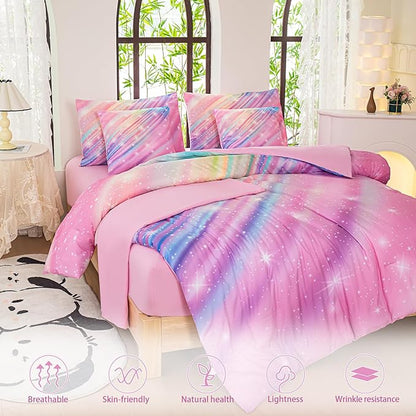 Twin Comforter Set for Girls Galaxy Bedding 7pieces, Ombre Bedding Comforter Sets Rainbow Comforter Glitter Bedding Twin Teen Comforter Sets for Girls