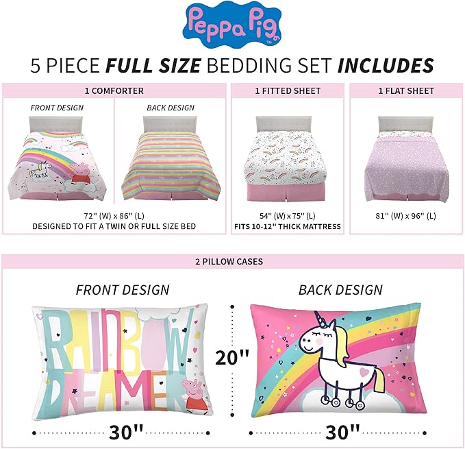 Franco Kids Bedding Super Soft Comforter and Sheet Set, 5 Piece Full Size, Peppa Pig