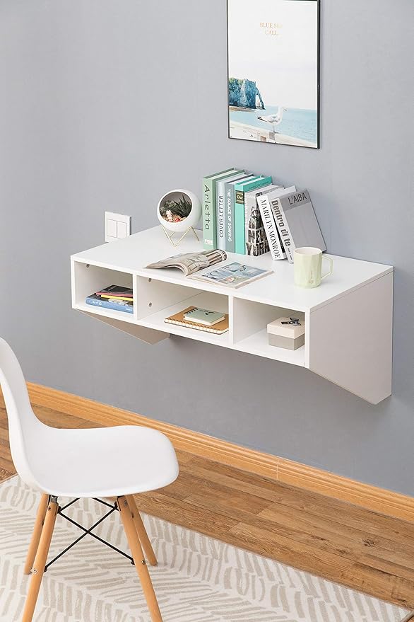 Wall Mounted Office Computer Desk with Three Compartments, White