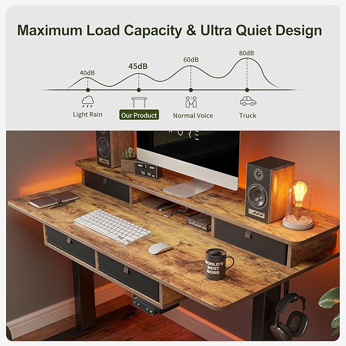 BANTI Height Adjustable Electric Standing Desk with 4 Drawers, 55 x 24 Inch Table with Storage Shelf, Sit Stand Desk, Rustic Brown Top