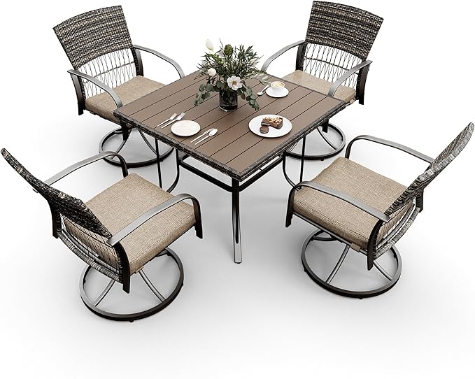 Pamapic 5 Piece Patio Dining Set for 4,Wicker Outdoor Furniture Set for Backyard Garden Deck Poolside with Square Plastic-Wood Table Top,4 Cushions Swivel Rocker Chairs,Removable Cushions(Beige)