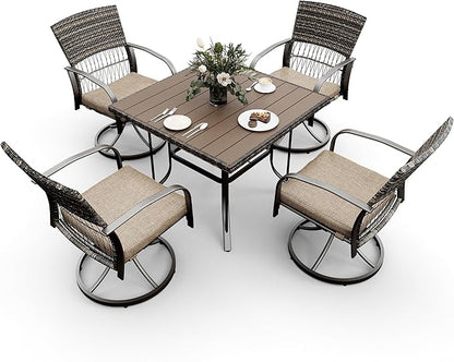 Pamapic 5 Piece Patio Dining Set for 4,Wicker Outdoor Furniture Set for Backyard Garden Deck Poolside with Square Plastic-Wood Table Top,4 Cushions Swivel Rocker Chairs,Removable Cushions(Beige)