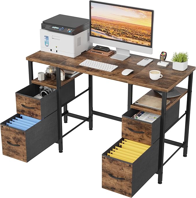 47'' Office Desk with 4 Fabric File Drawers - File Drawer Organization, Computer Work Desk, Study Writing Table, Home Office Workstation, Rustic Brown