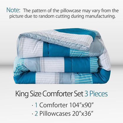 Andency Stripe Comforter Set King Size (104x90 Inch), 3 Pieces Teal Patchwork Striped Comforter, Soft Microfiber Down Alternative Comforter Bedding Set with Corner Loops