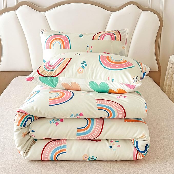 Btargot Lightweight Soft 3 Piece Rainbow Comforter Set with 2 Pillow Covers, Cartoon Love Hearts Flowers and Grass Bedding Set for Girls Boys Kids, Twin Multi-Color