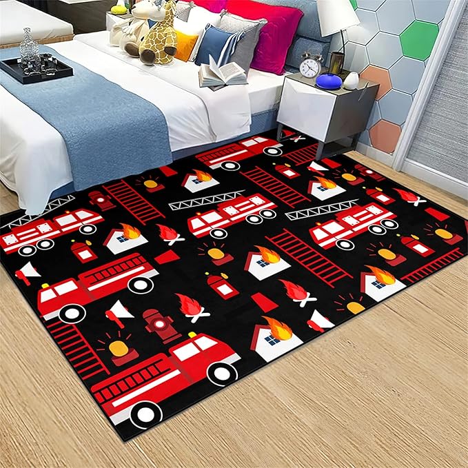 Car Play Rug Fire Fighting Truck Area Rug Car Rug Play Mat Kids Rugs for Playroomcar Rug for Boys Room Carpet Floor Mat for Bedroom Living Room,Black 4'5''×6'