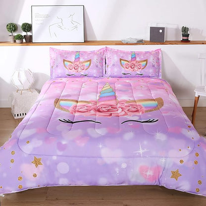 Unicorn Comforter Set 3pc Pink Flower Girl Soft Unicorn Kid's Bedding Sets