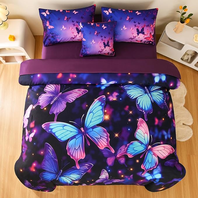 DORCAS Butterfly Comforter Sets for Girls,Full Size Butterfly Bedding Sets Girls,6 Pieces Girls Bedding Sets Full with Comforter Sheets for Teens Kids