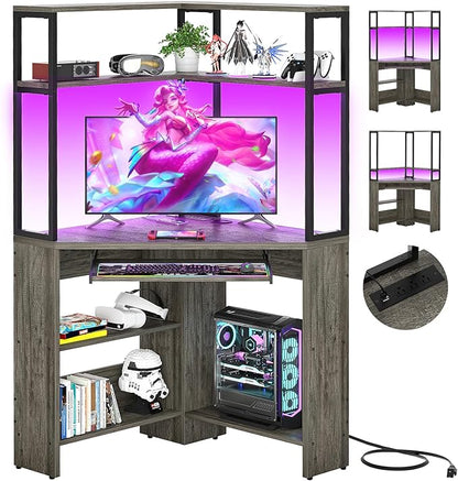 Cyclysio Small Corner Desk with Hutch, Heavy Duty Corner Computer Desk with Power Outlets & LED Light, Triangle Corner Gaming Desk with Keyboard Tray for Home Office, Small Space, Workstation Grey