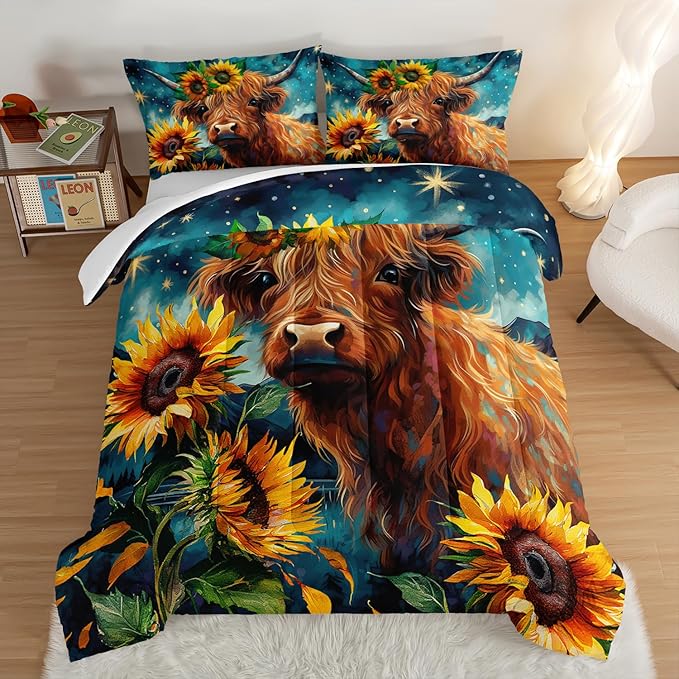 HOSIMA Highland Cow Comforter Set,Western Farmhouse Animals Cow and Sunflower Print Bedding Set 3Pcs with 2 Pillowcases,Galaxy Star Moon King Size Comforter Set,Floral Wild Animal Room Decor.