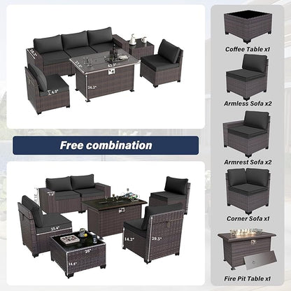 Patio Furniture Sectional Sofa Set 7-Pieces PE Rattan Patio Conversation Set w/43in Gas Fire Pit Table, Outdoor Furniture with 55000 BTU Propane Fire Pit, Black