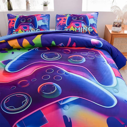 Aimuan Gaming Comforter Sets for Boys Kids Bedding Sets Video Games Console Action Buttons Novelty Colorful Game Gamepad Controller Modern Gamer Room Decor Home Quilt Set (Twin, Purple)